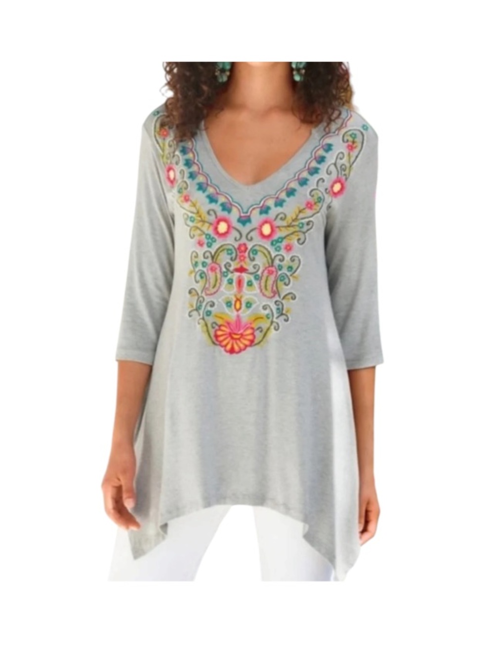 Soft Surroundings Adora Tunic Long Line Gray Embroidered Floral Top Large